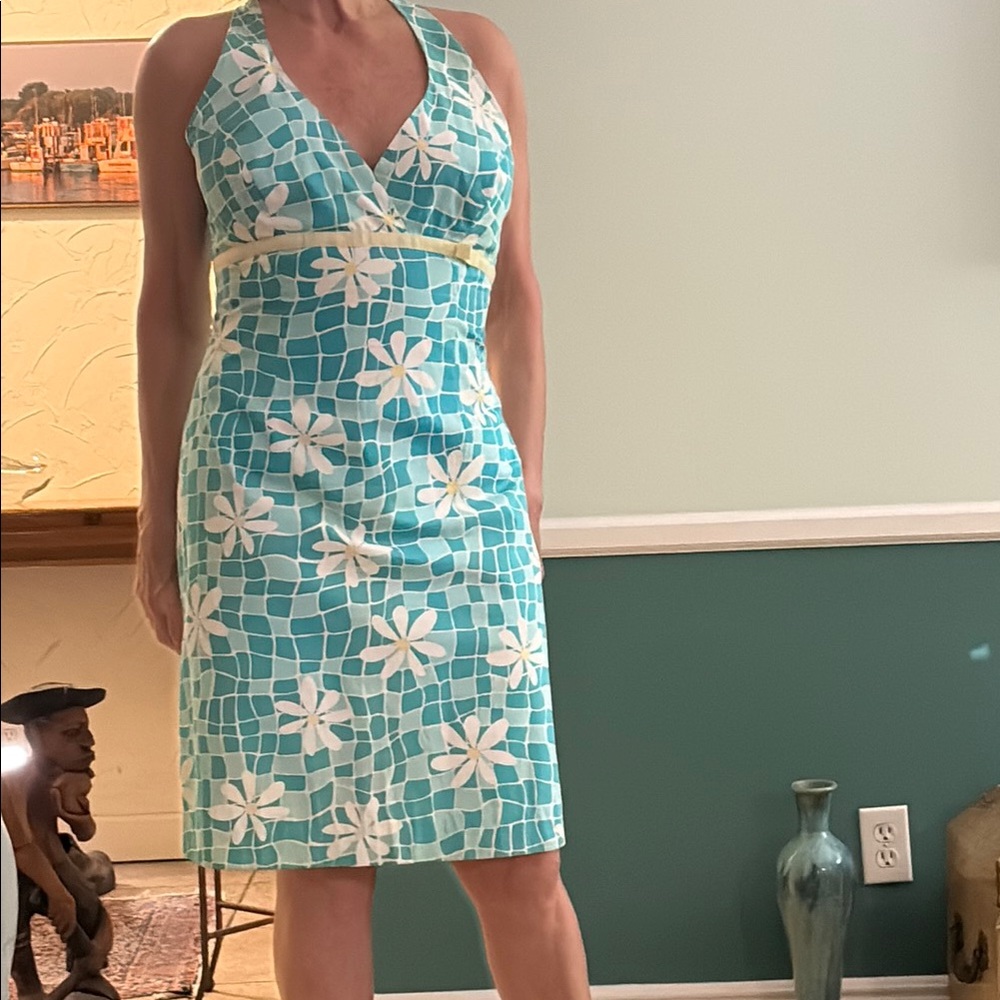 Floral Halter Neck Dress in Blue and White
